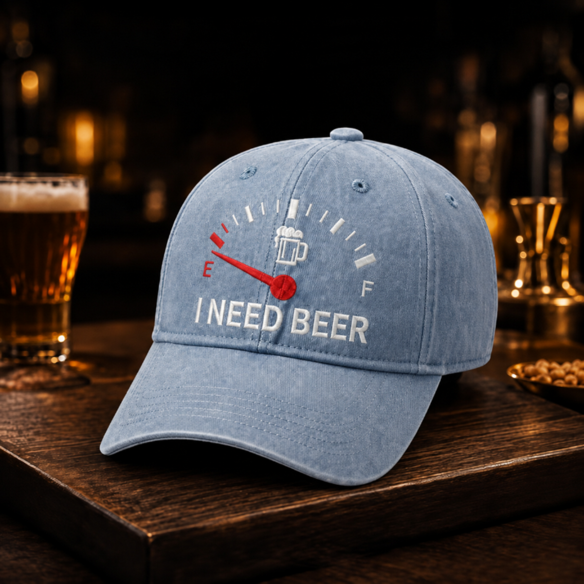 đș Baseballcaps med broderi pĂ„ «I NEED BEER» â Unisex minnecap