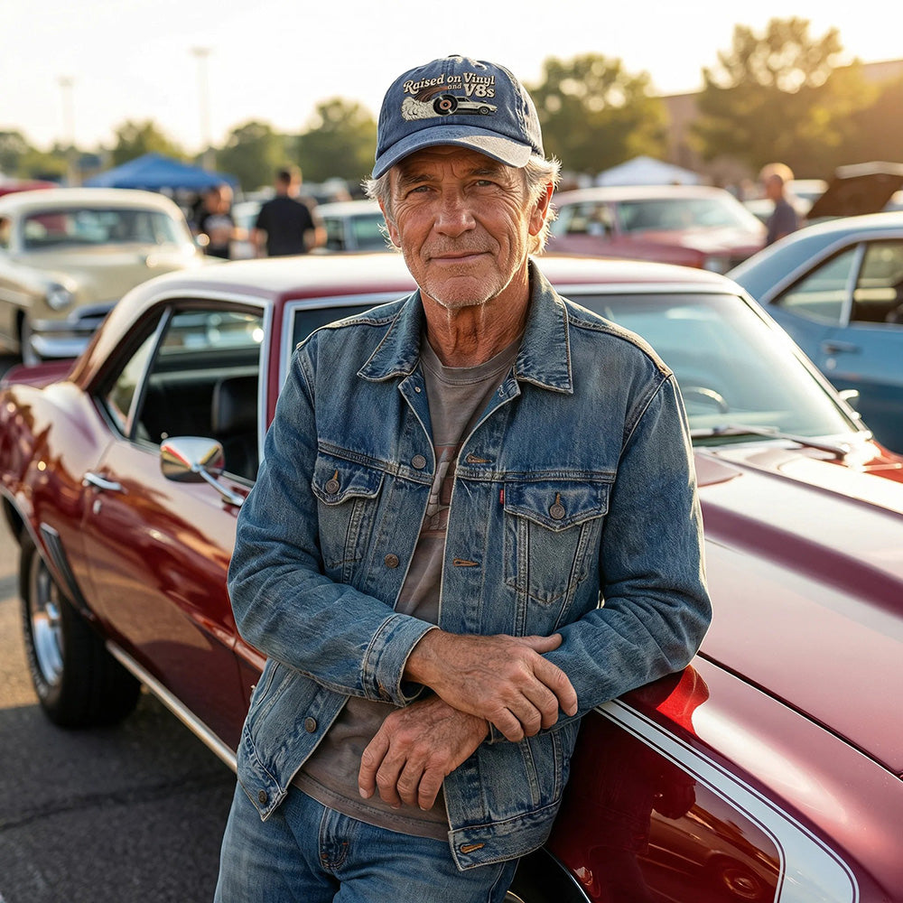 🏽Siste dag med 49 % rabatt - «Raised on Vinyl and V8s» - den broderte klassiske capsen for motorentusiaster