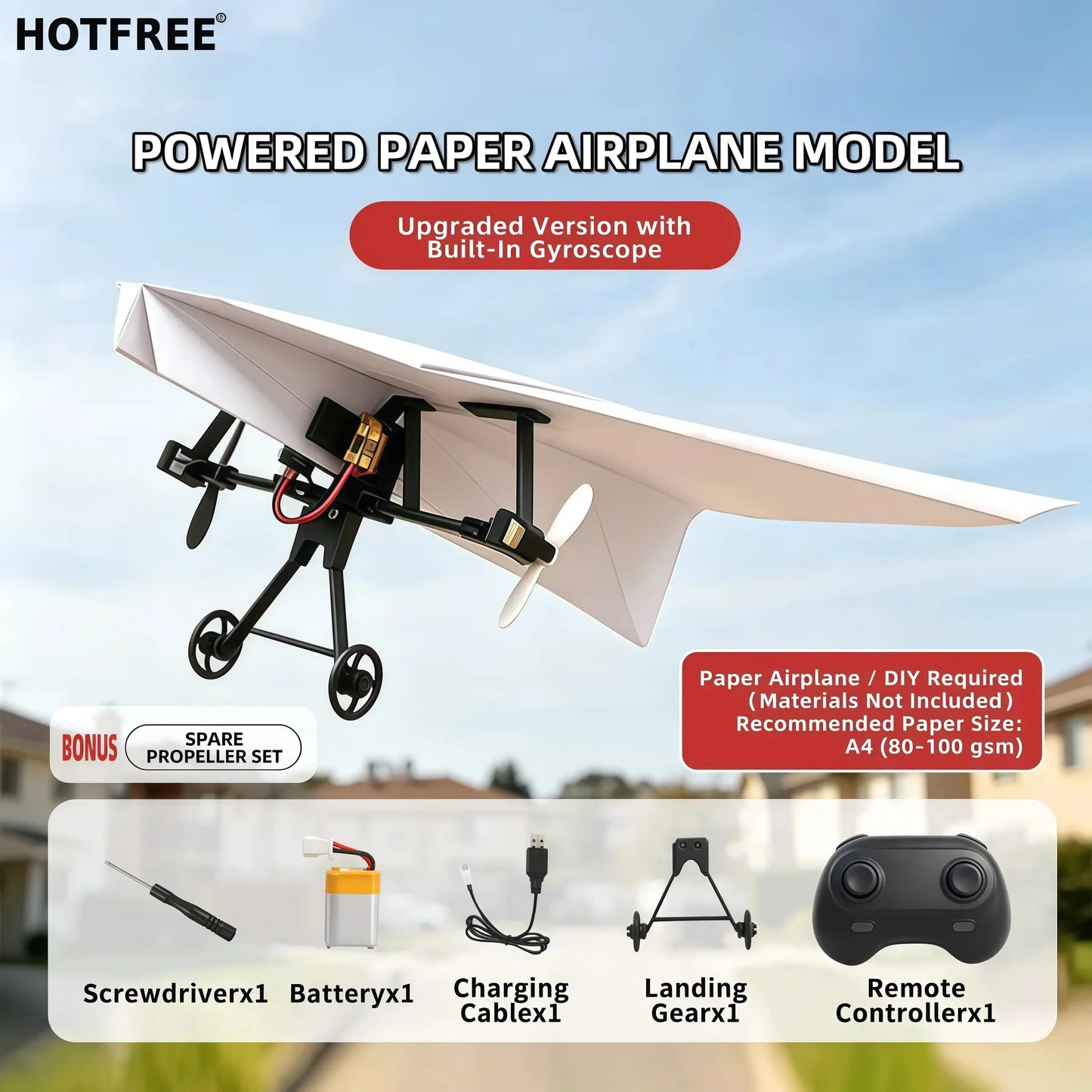Hotfree motorisert fjernstyrt papirflysett (med gyroskopstabilisator) – DIY elektrisk fjernstyrt fly med to propeller, lett og sammenleggbar STEM-leke