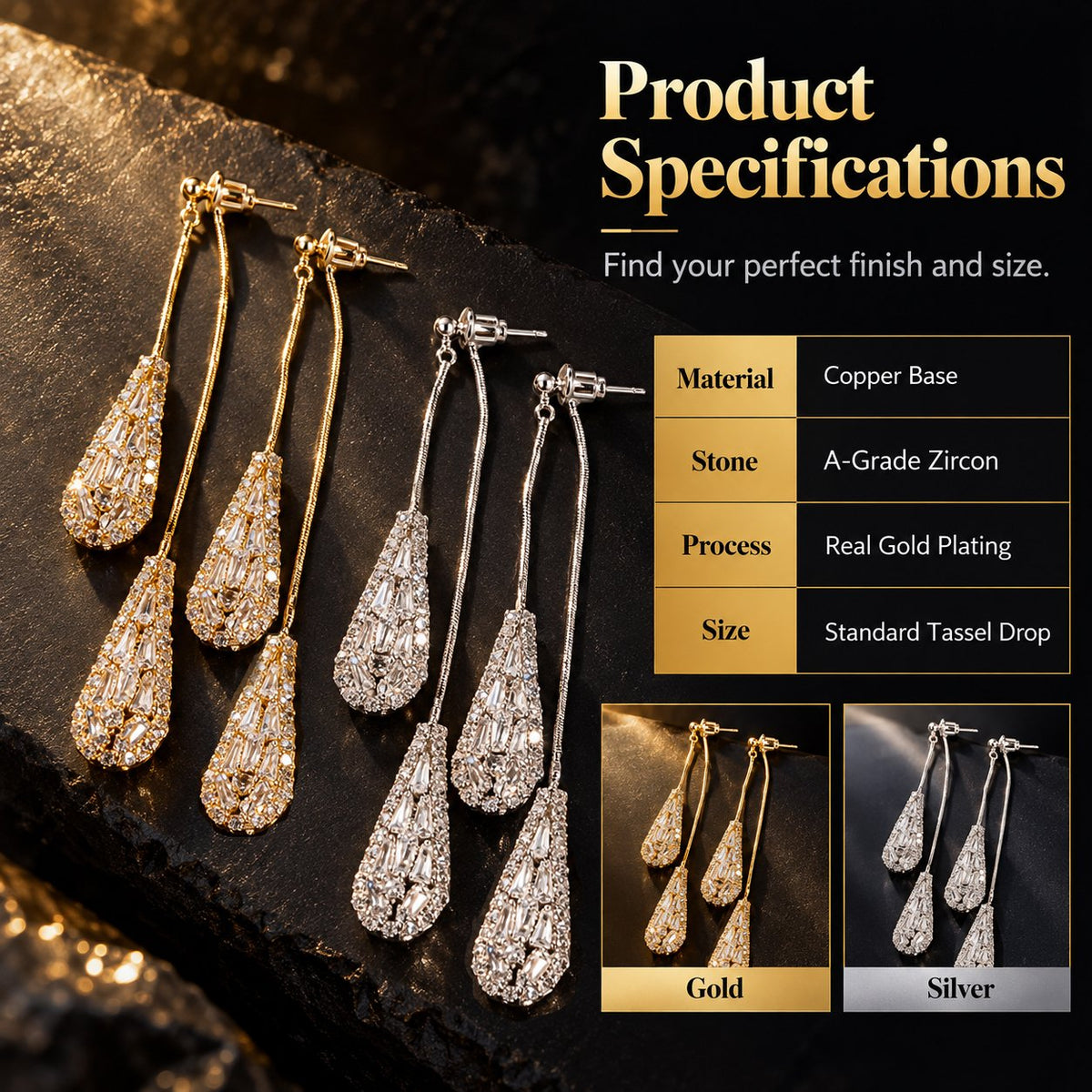 💎Elegant women's earrings with cubic zirconia – double-sided, teardrop-shaped, with tassels