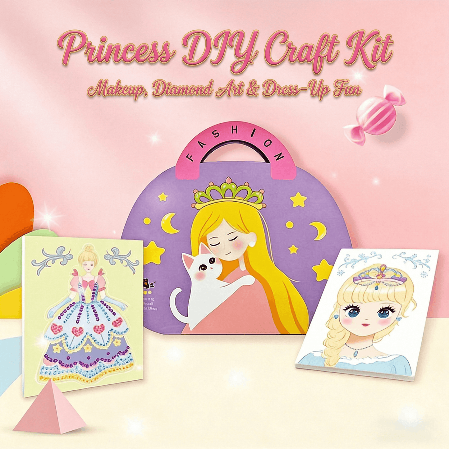 👸Prinsesse DIY-hobbysett: sminke, diamantkunst og utklednin