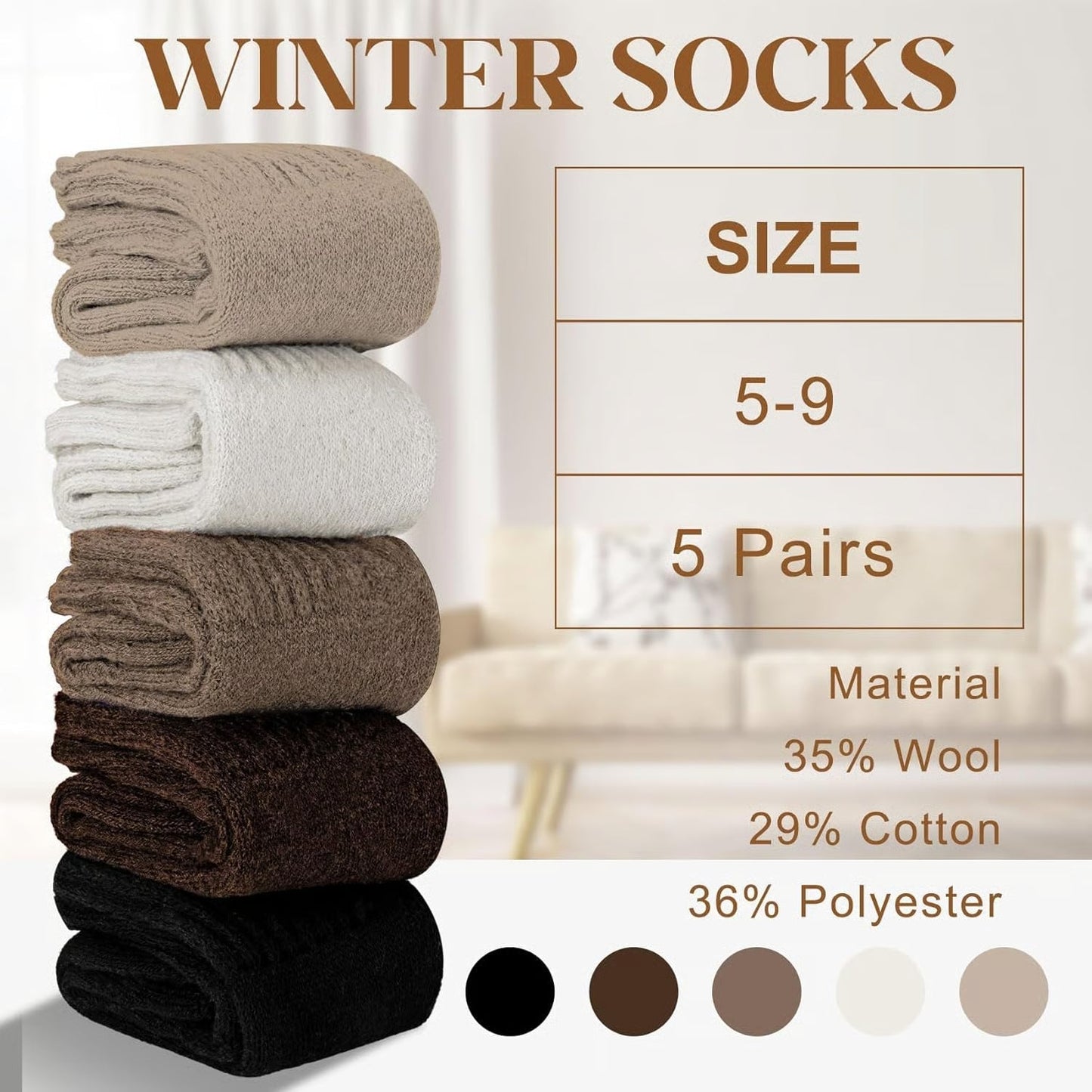 🧦 5 Par Dame Ullsokker – Varme Midtsokker