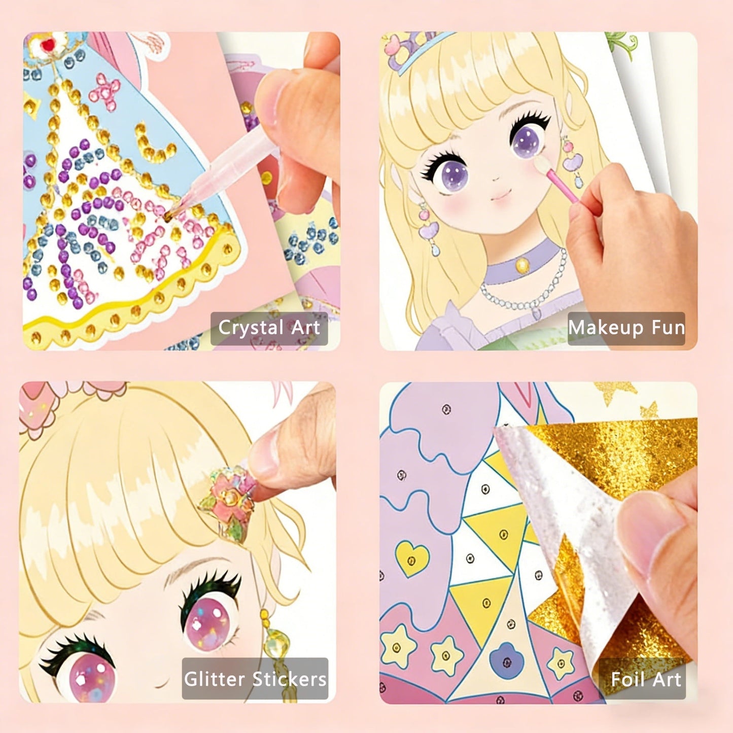 👸Prinsesse DIY-hobbysett: sminke, diamantkunst og utklednin