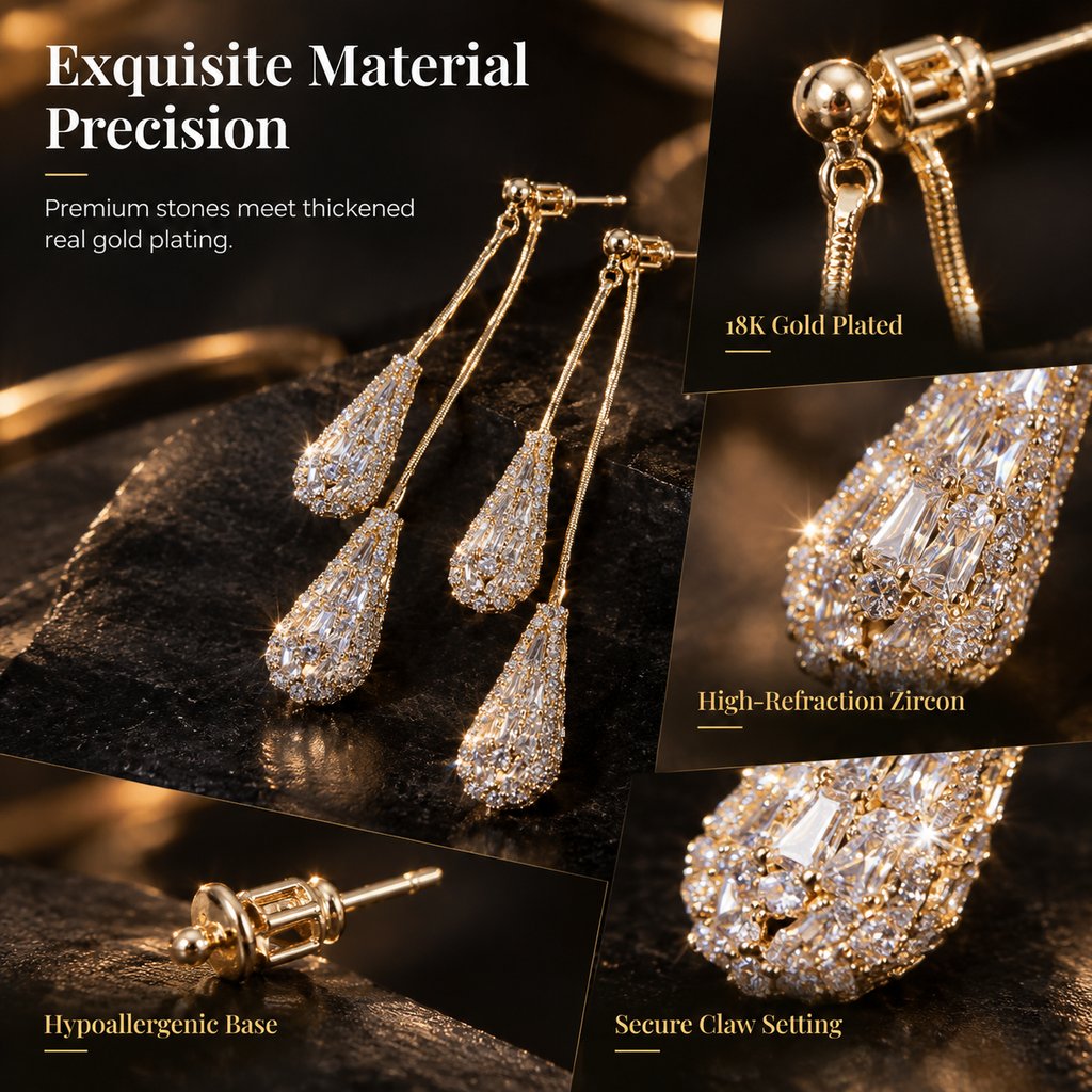 💎Elegant women's earrings with cubic zirconia – double-sided, teardrop-shaped, with tassels