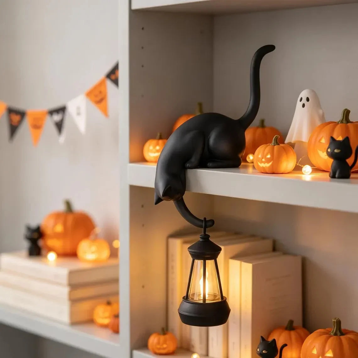🐈‍Søt kattefigur til bokhyllen med LED-lampe - Søt dekorasjon til bokhyllen og praktisk nøkkelholder