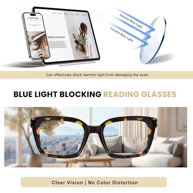 🔥Spesialtilbud – ✨👓Skilpaddeskall-lesebriller – Store, firkantede briller med blålysfilter