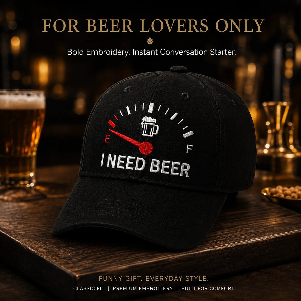 🍺 Baseballcaps med broderi på «I NEED BEER» – Unisex minnecap