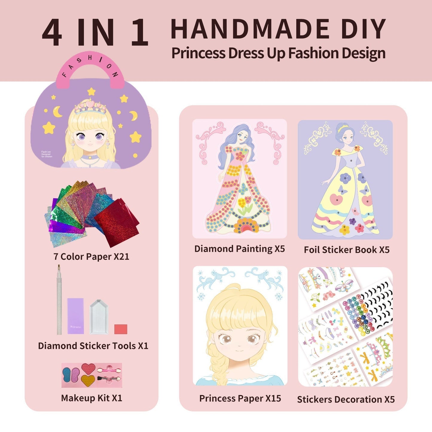 👸Prinsesse DIY-hobbysett: sminke, diamantkunst og utklednin