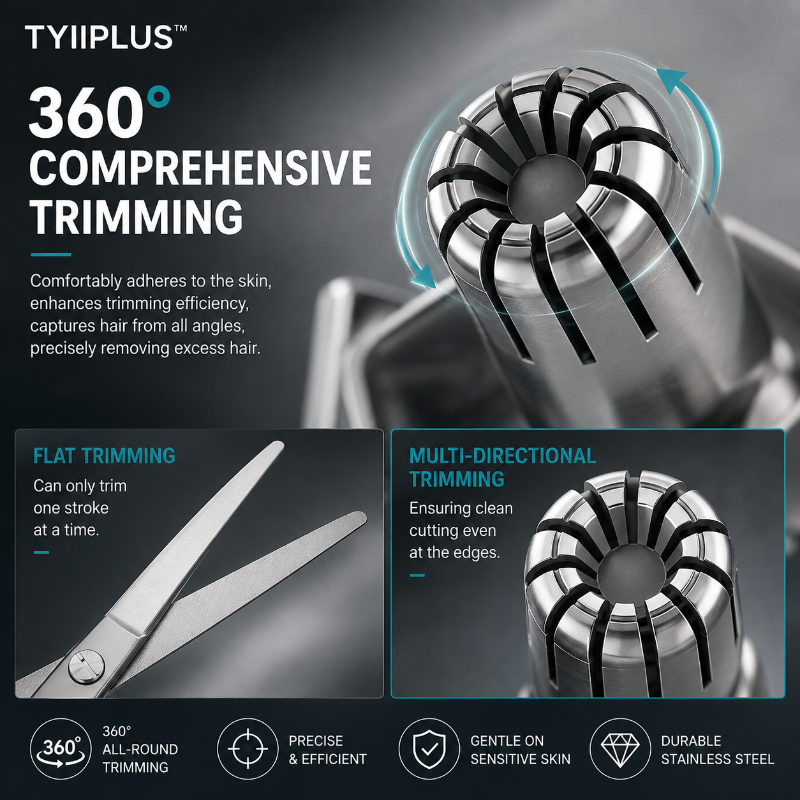 Manuell nesehårtrimmer – rustfritt stål, 360° klippehode, vanntett og batterifr