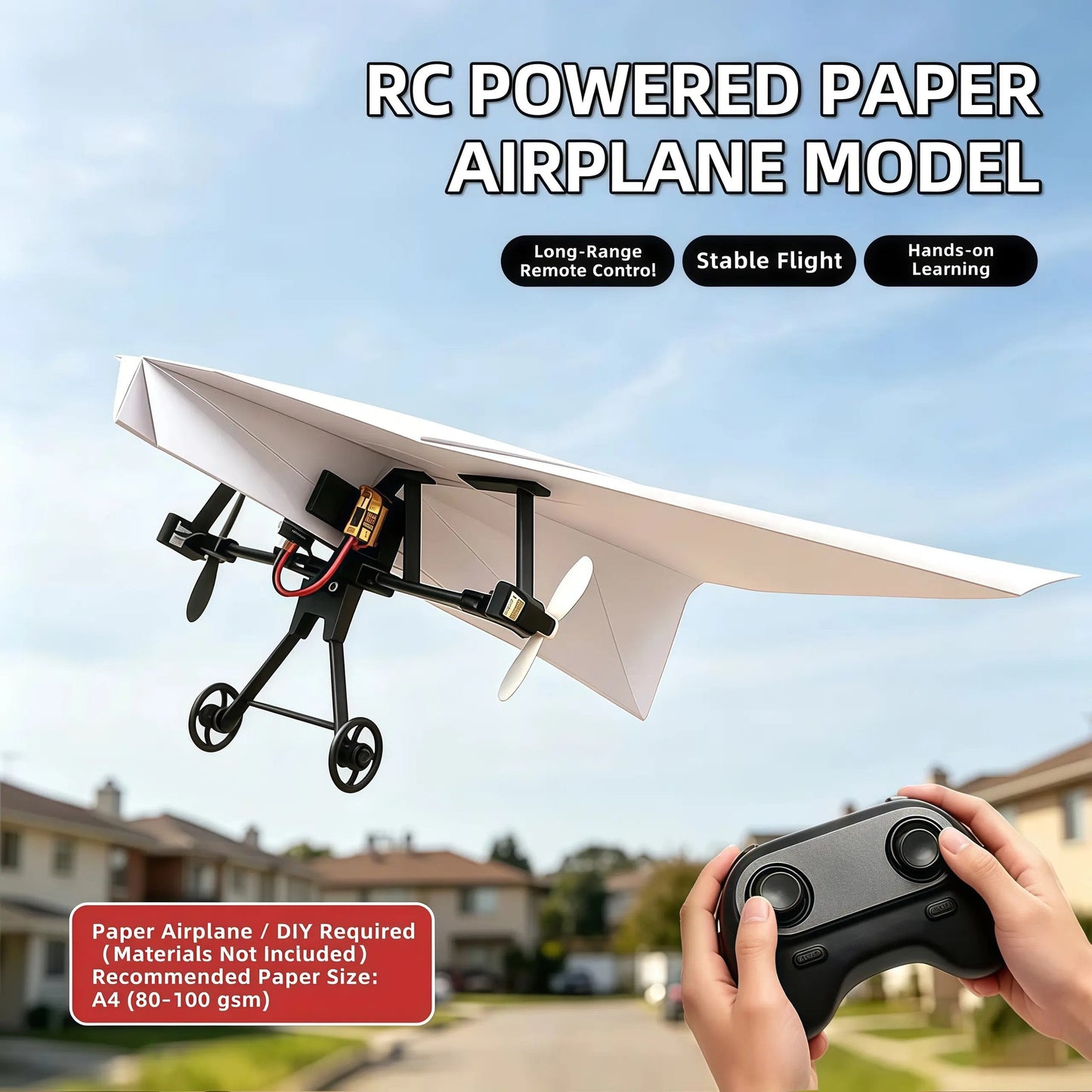 Hotfree motorisert fjernstyrt papirflysett (med gyroskopstabilisator) – DIY elektrisk fjernstyrt fly med to propeller, lett og sammenleggbar STEM-leke