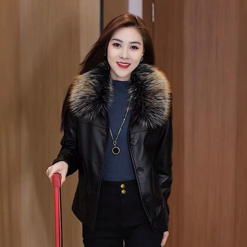 Women's Warm PU Leather Jacket with Plush Collar